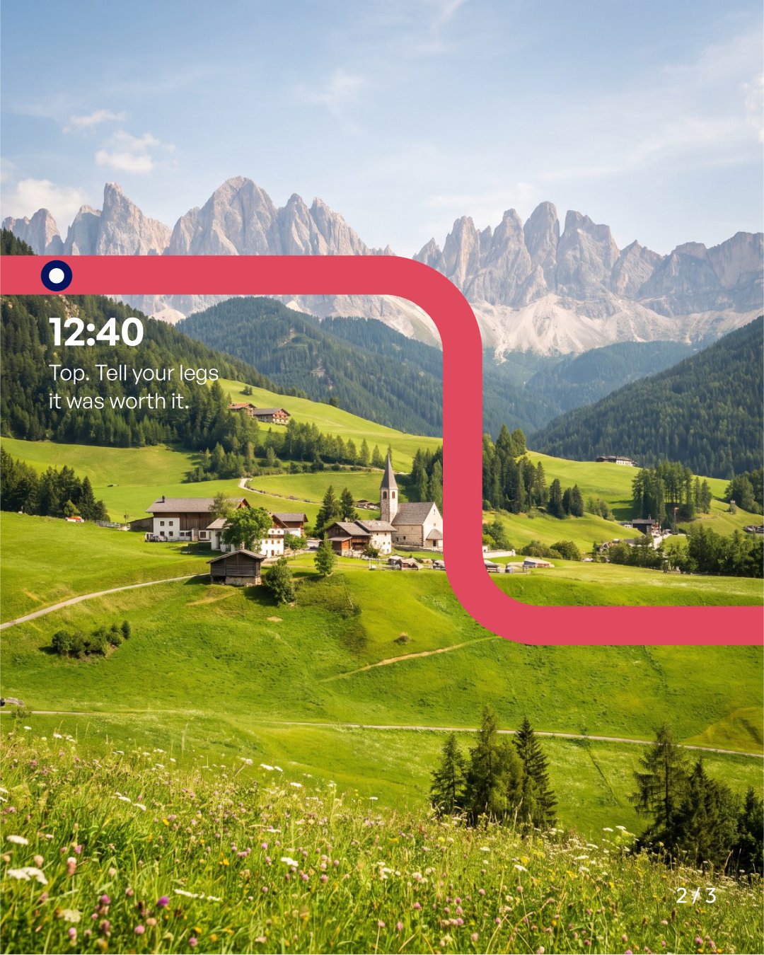 Slide 2 di 3: 12:40 in cima, la linea attraversa il paesaggio di montagna