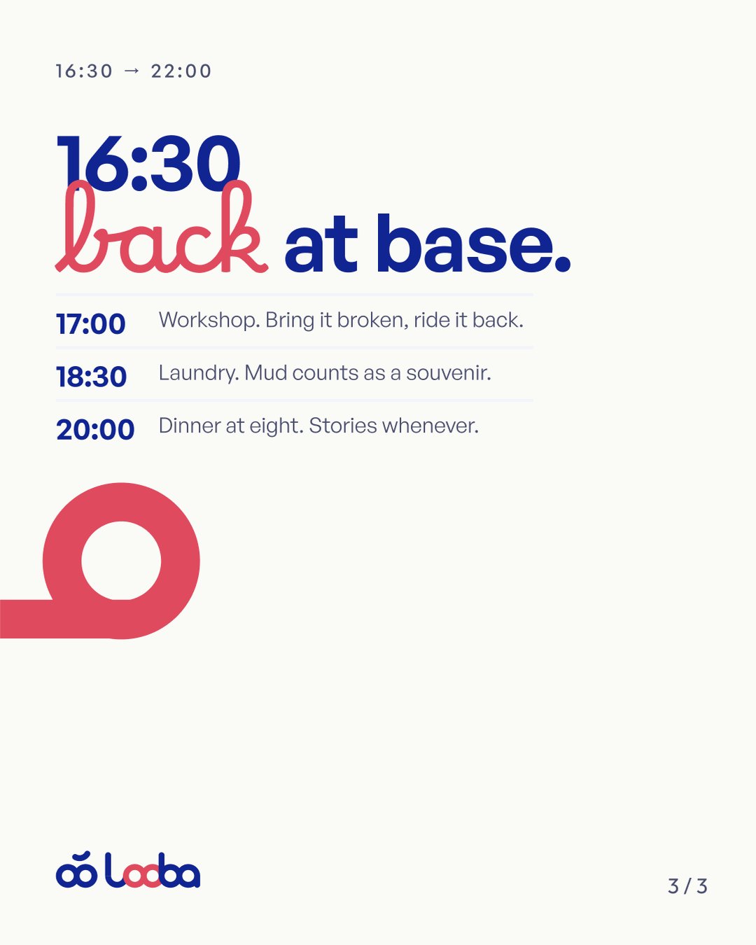 Slide 3 di 3: 16:30 “back at base”, officina, lavanderia e cena