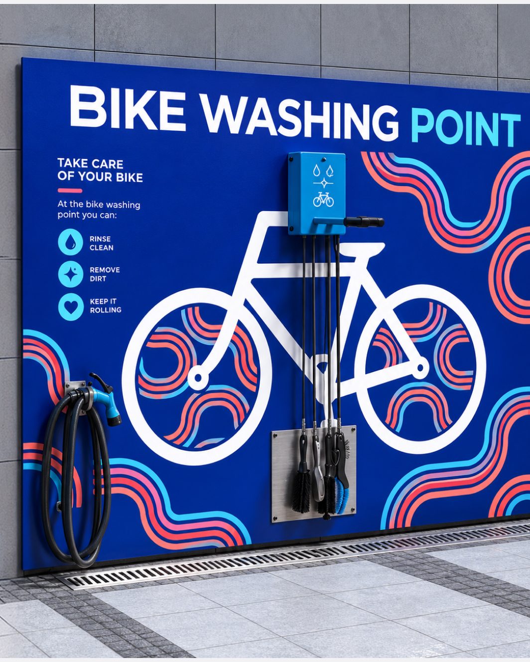 Punto lavaggio bici con il logo e gli anelli di Looba
